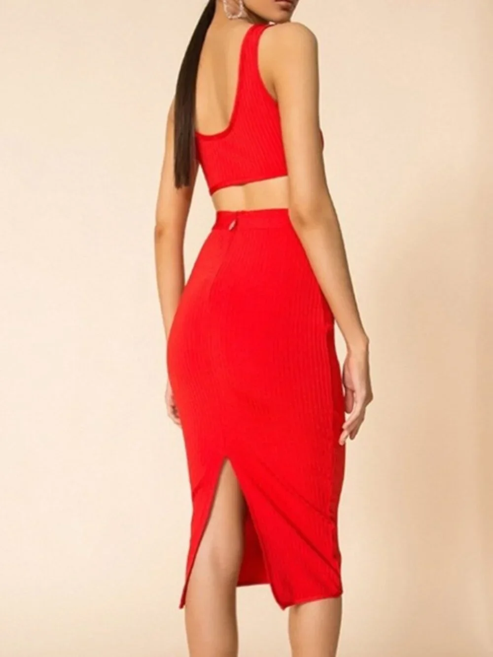SUPERDOWN Akeela Skirt Womens Small Red Ribbed Knit Midi Pencil Slit Zip